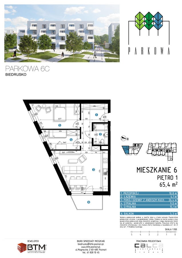 3 pokoje mieszkania, 65,4 m², cena: 568 980 zł, piętro: 1 – Parkowa, Biedrusko