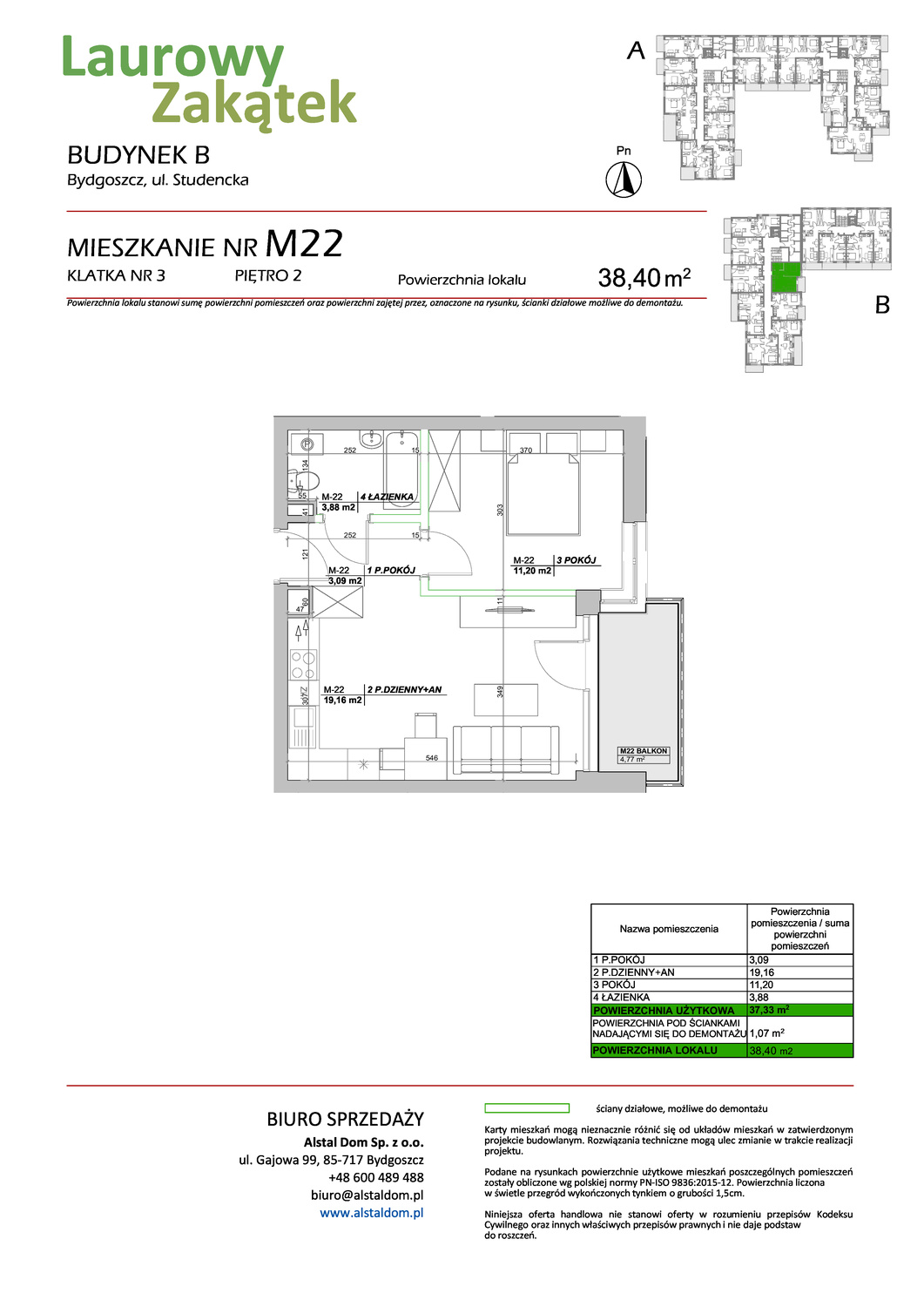 2 pokoje mieszkania, 38,4 m², cena: 397 175 zł, piętro: 2 – Laurowy Zakątek