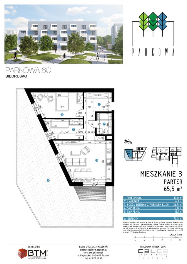 3 pokoje mieszkania, 65,5 m², cena: 556 750 zł, piętro: 0 – Parkowa, Biedrusko