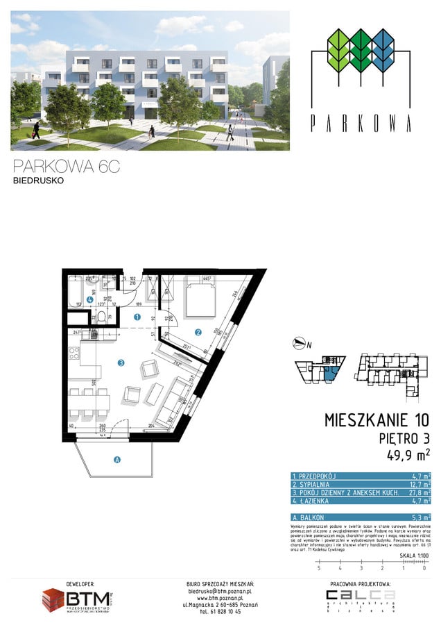 2 pokoje mieszkania, 49,9 m², cena: 399 200 zł, piętro: 3 – Parkowa, Biedrusko