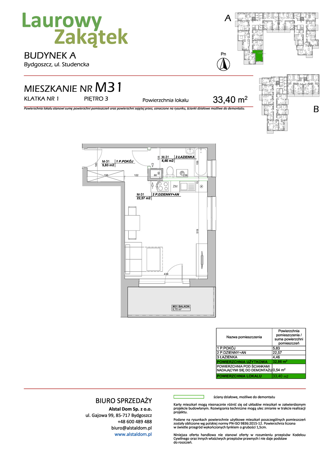 1 pokoje mieszkania, 33,4 m², cena: 327 181 zł, piętro: 3 – Laurowy Zakątek