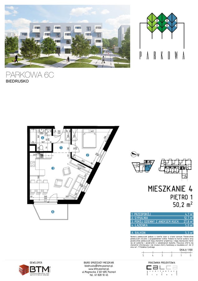 2 pokoje mieszkania, 50,2 m², cena: 396 580 zł, piętro: 1 – Parkowa, Biedrusko