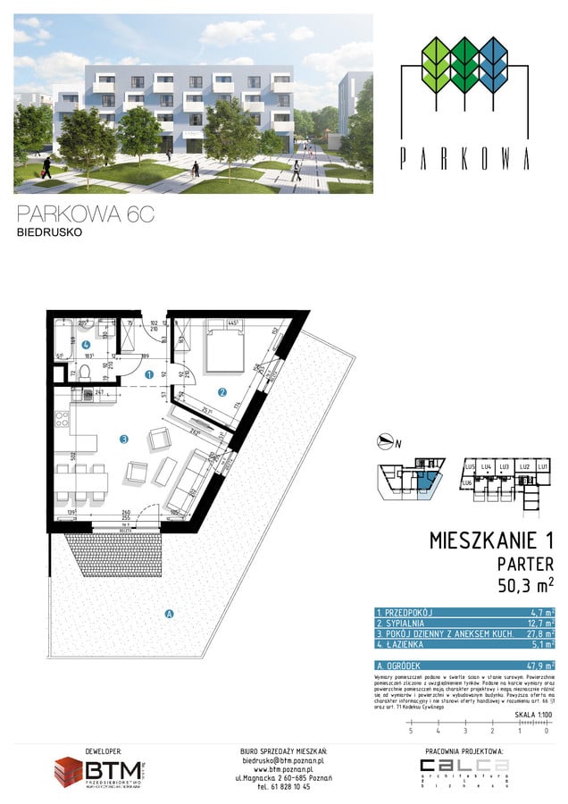 2 pokoje mieszkania, 50,3 m², cena: 397 370 zł, piętro: 0 – Parkowa, Biedrusko